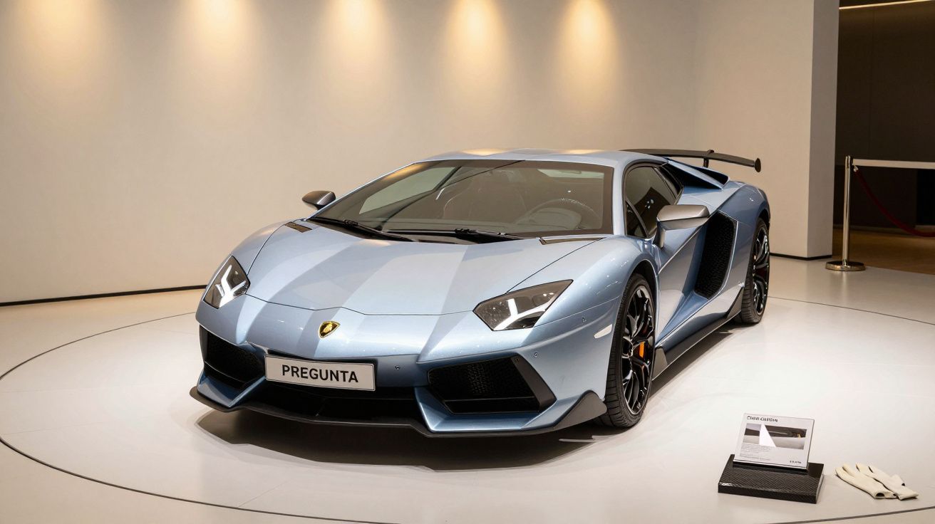 Carro desportivo prateado exposto em showroom, visto de frente com iluminação suave, etiqueta "Pergunta" na frente.