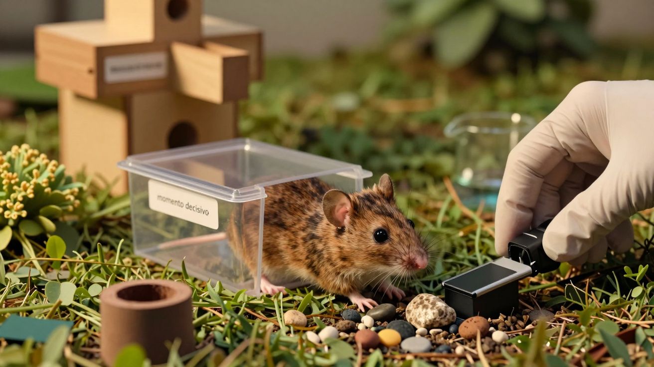 Rato dentro de caixa plástica em relva, perto de mão enluvada segurando dispositivo preto, plantas e objetos ao redor.