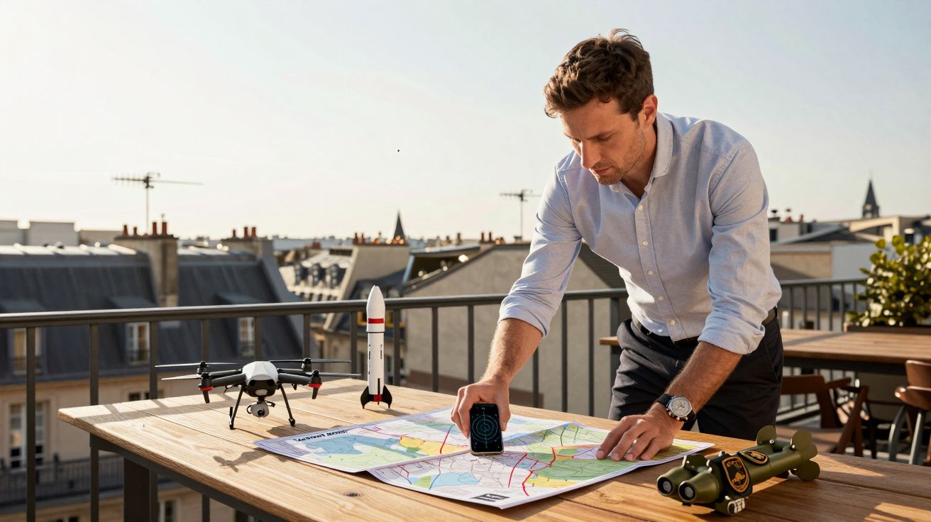 Homem a planear numa mesa com mapa, drone, telescópio e foguete, numa varanda com vista urbana.