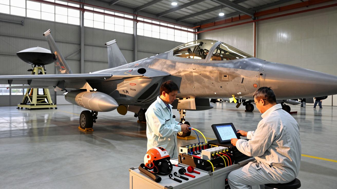 Dois técnicos realizam manutenção num caça cinza dentro de um hangar, usando equipamentos de diagnóstico.