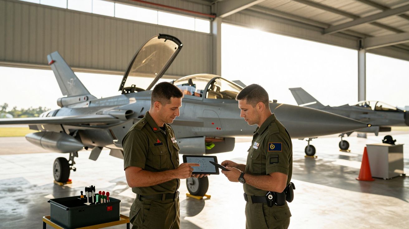 Dois militares junto a um avião de caça em hangar, verificando um dispositivo digital.