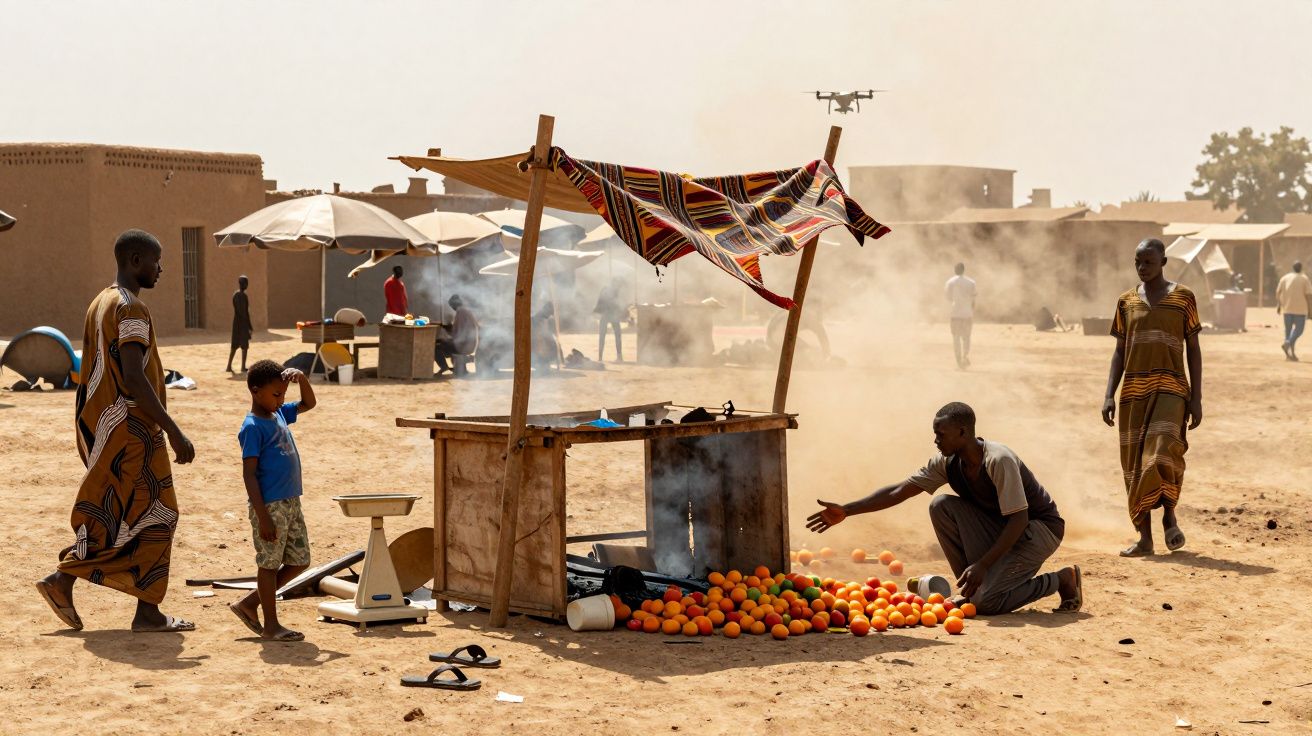 Homem apanha laranjas caídas no chão junto a uma banca de madeira num mercado ao ar livre, com pessoas a circular ao fundo.