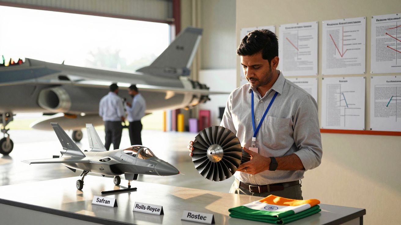 Homem examina componente de motor a jato ao lado de maquete de avião e bandeira da Índia em hangar.