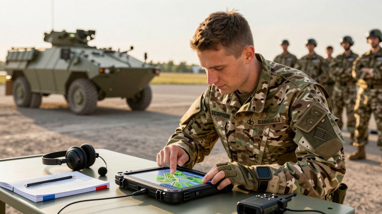 Soldado uniformizado usa tablet num campo militar; veículo blindado e soldados ao fundo.