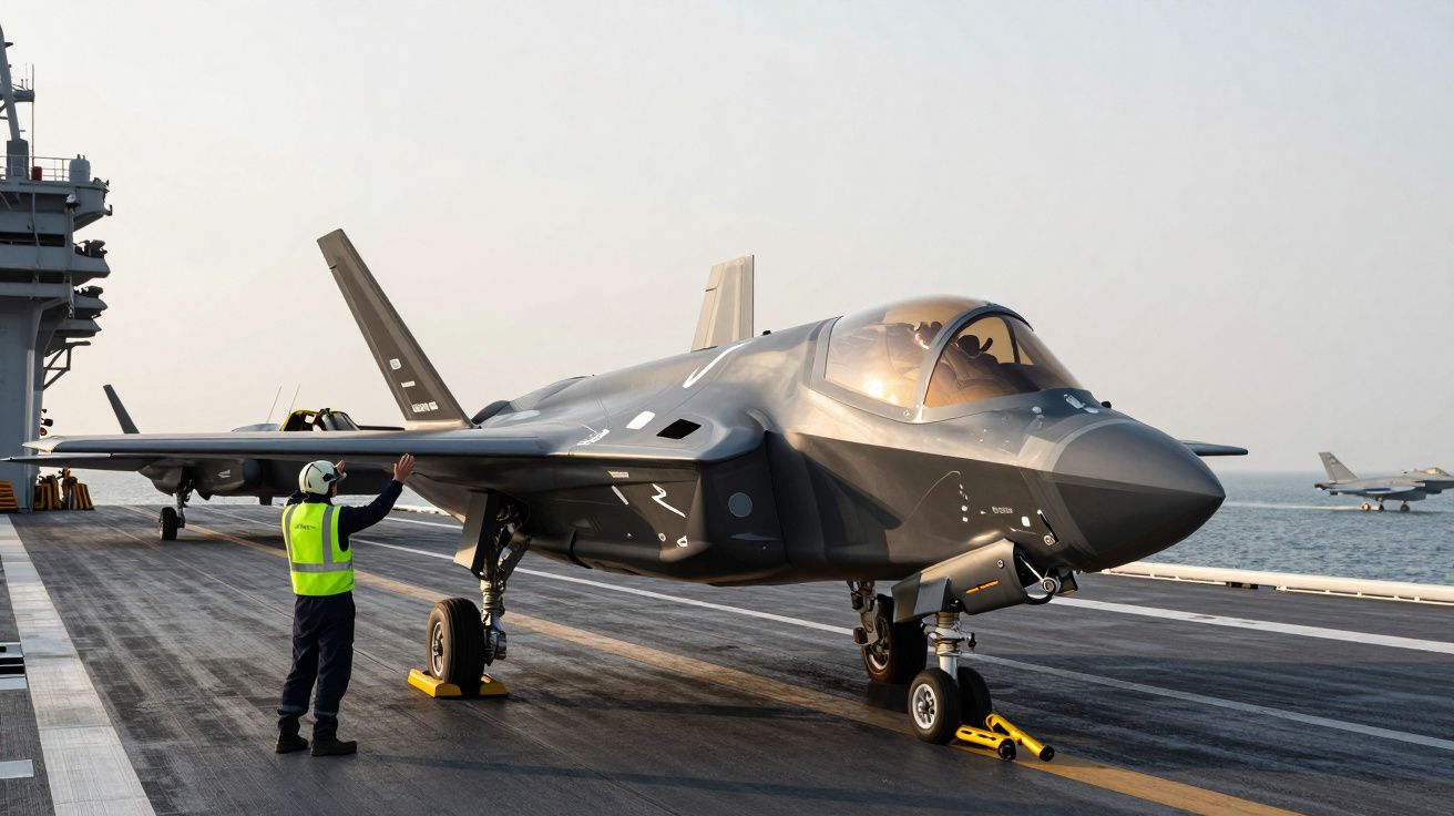 Caça militar estacionado num porta-aviões, com pessoal de apoio ao lado, ao amanhecer sobre o mar.