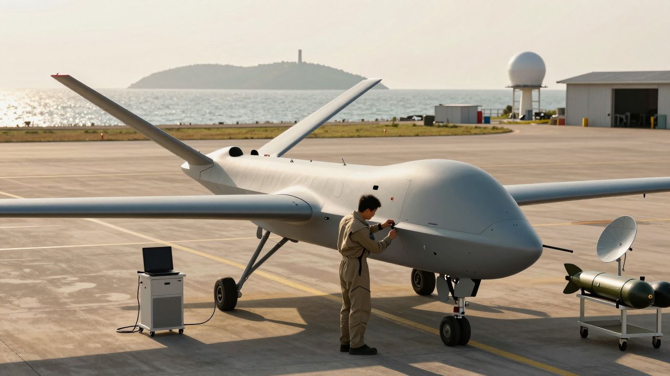 Pessoa ajusta drone militar numa pista, com mar e ilha ao fundo.