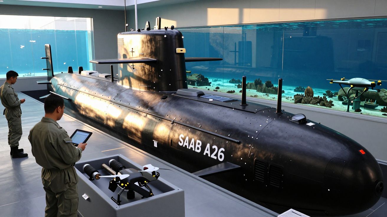 Submarino SAAB A26 em exibição com duas pessoas ao lado, segurando tablets, num ambiente fechado com aquário ao fundo.