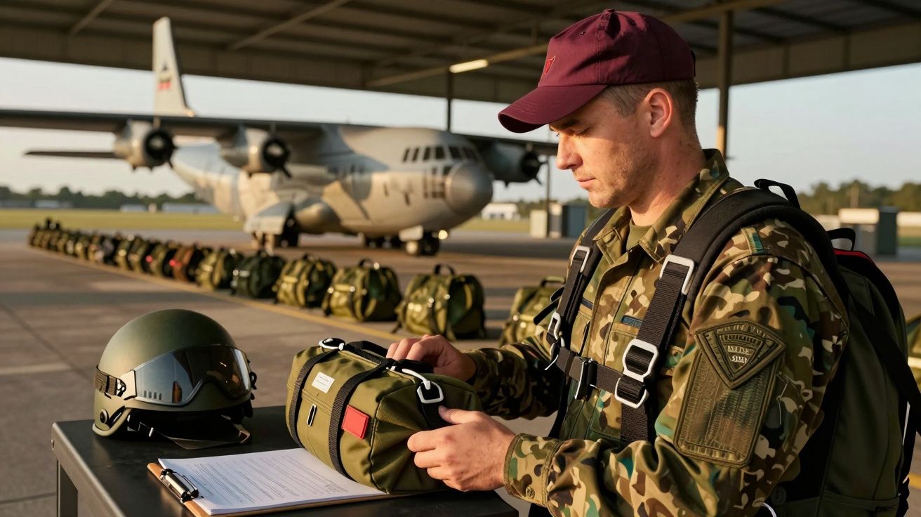 Militar em uniforme camuflado verifica equipamento em base aérea com avião de transporte ao fundo.