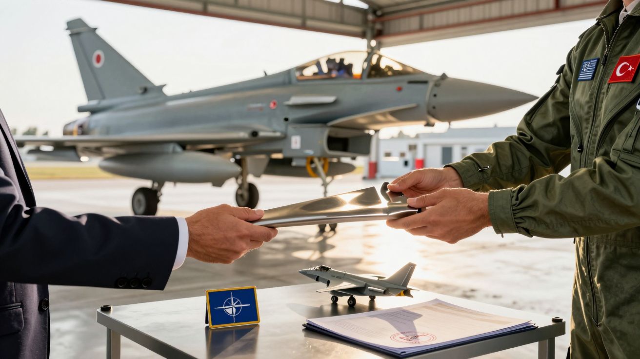 Duas pessoas trocam objeto metálico em hangar com caça ao fundo. Bandeira da NATO na mesa com modelo de avião e documentos.
