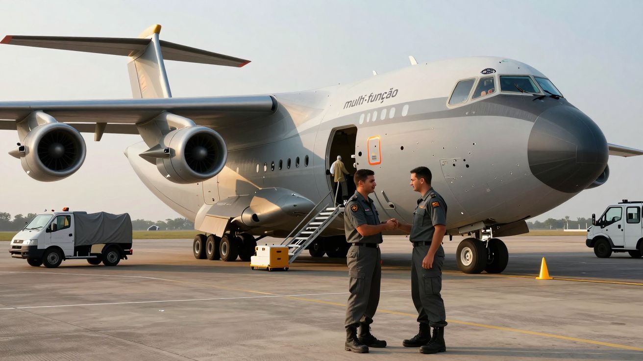 Avião militar no aeroporto com dois soldados a cumprimentarem-se à frente e pessoal a subir a escada.