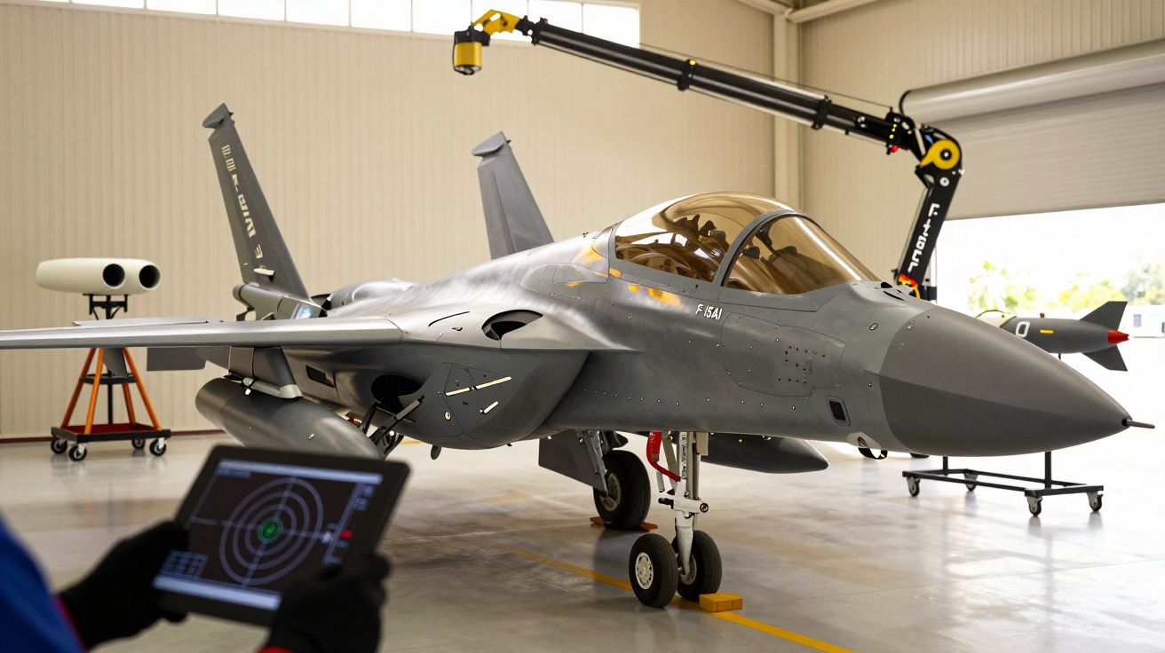 Avião de combate cinza estacionado num hangar com um técnico a usar um tablet em primeiro plano.