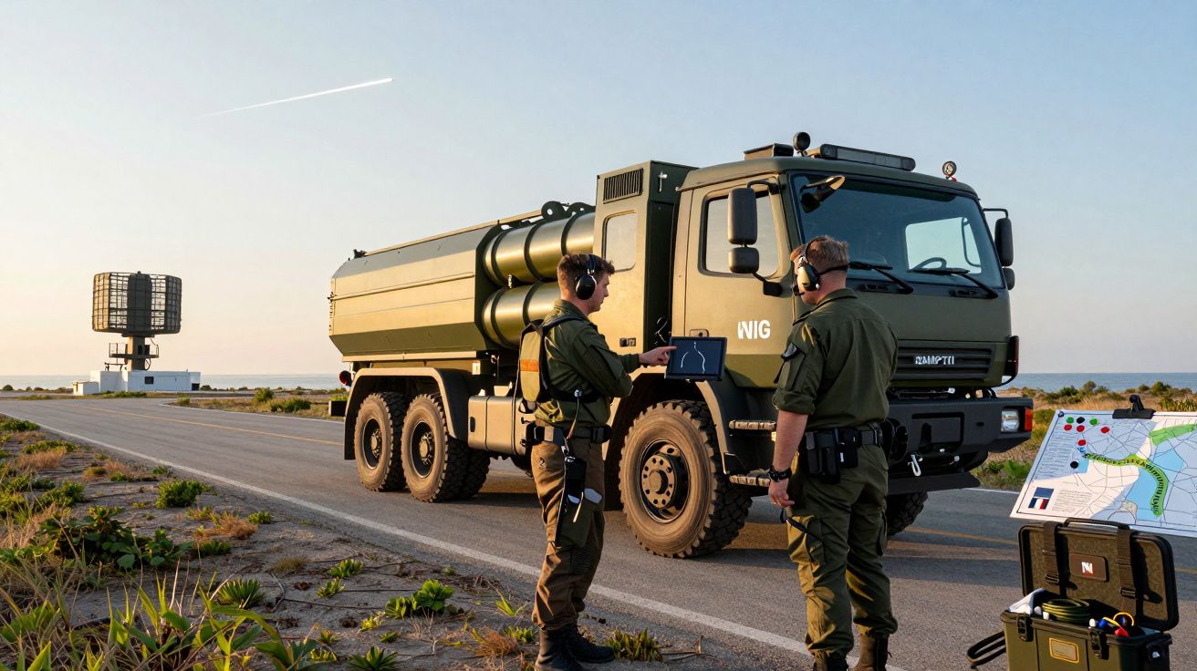 Dois militares ao lado de um camião militar e um mapa, num ambiente aberto e ensolarado.