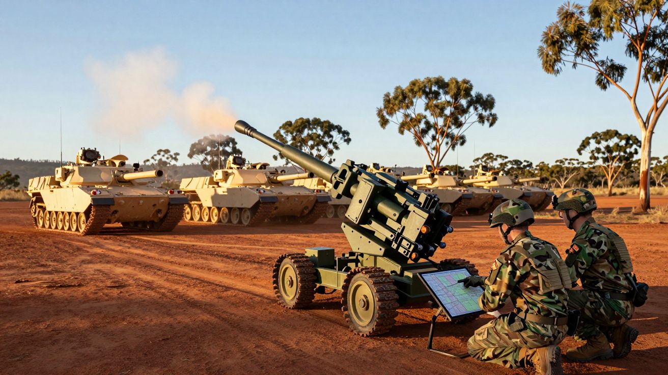 Soldados operam artilharia robótica num campo, com quatro tanques ao fundo e árvores sob céu azul.