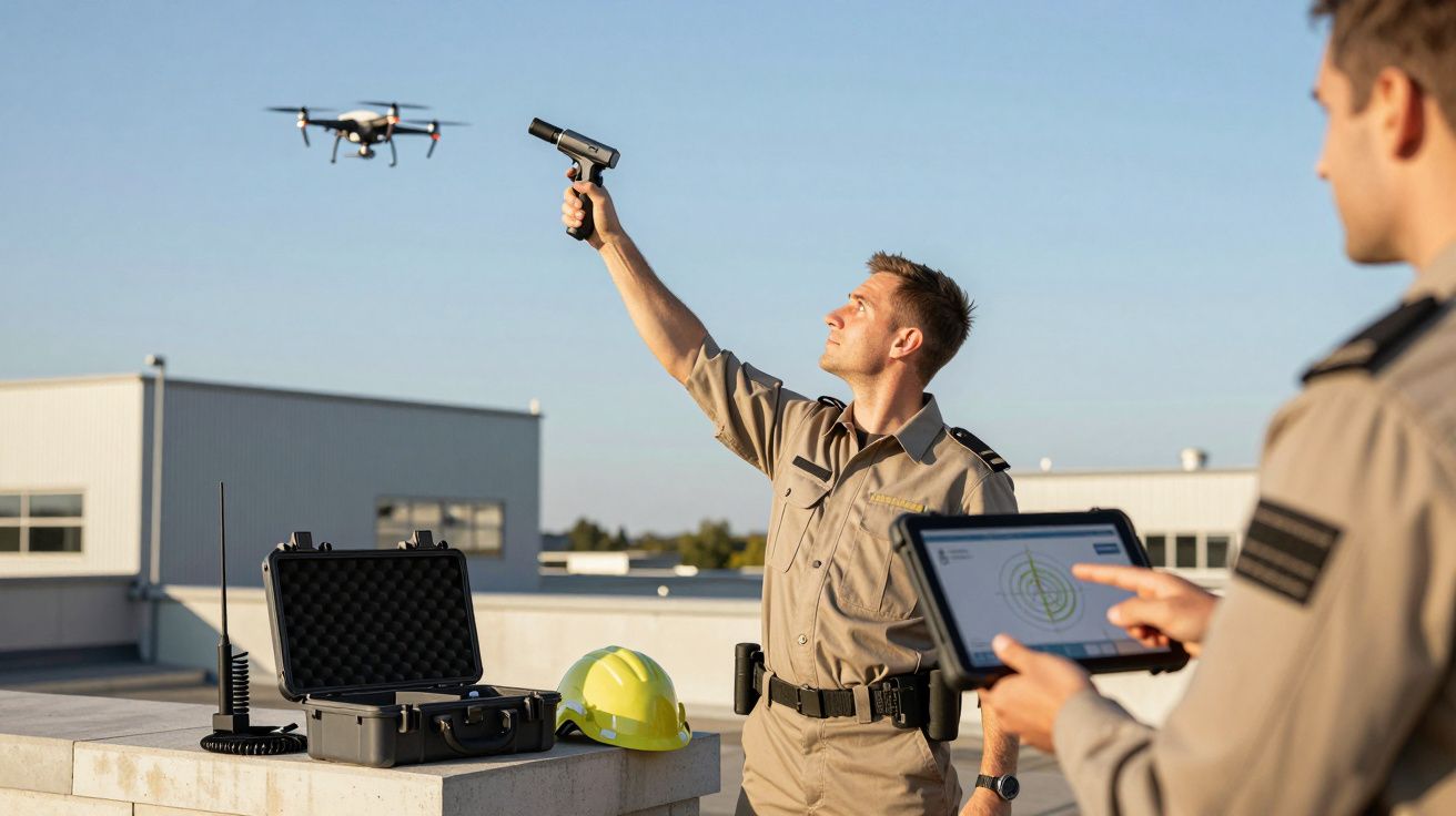 Homem a pilotar drone com controlador em telhado, colega com tablet no fundo.