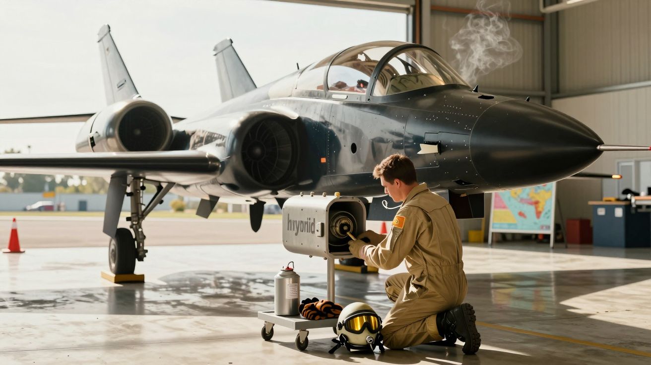 Mecânico em uniforme verifica motor de jato em hangar, com capacete e equipamentos ao lado.