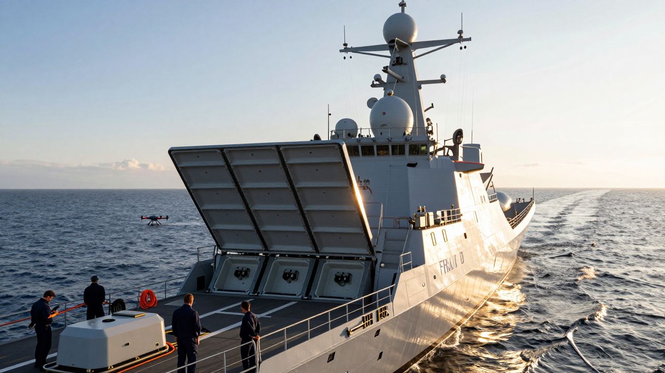 Navio de guerra no mar com tripulação a bordo e drone a voar nas proximidades, ao pôr do sol.