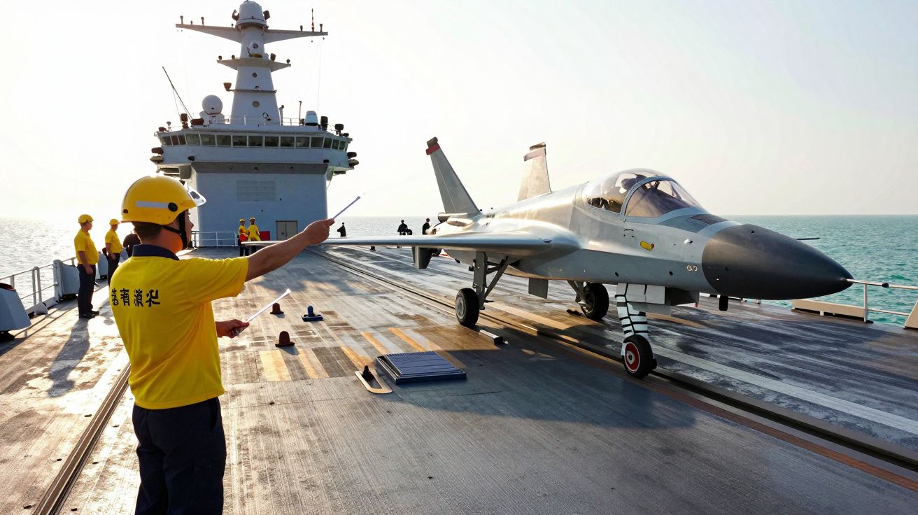 Avião de combate em porta-aviões com técnicos em coletes amarelos orientando o taxiamento na pista.