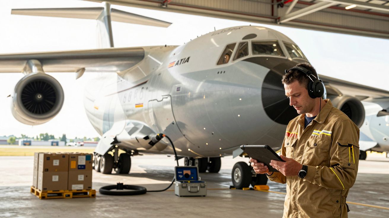 Técnico em hangar observando tablet, com grande avião cinza ao fundo e caixas empilhadas ao lado.