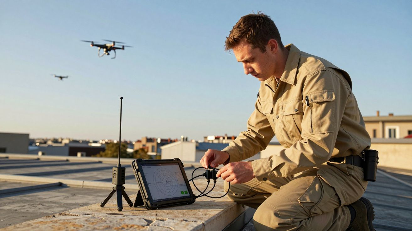 Homem em uniforme opera tablet num telhado, enquanto drones voam ao fundo, contra um céu azul claro.