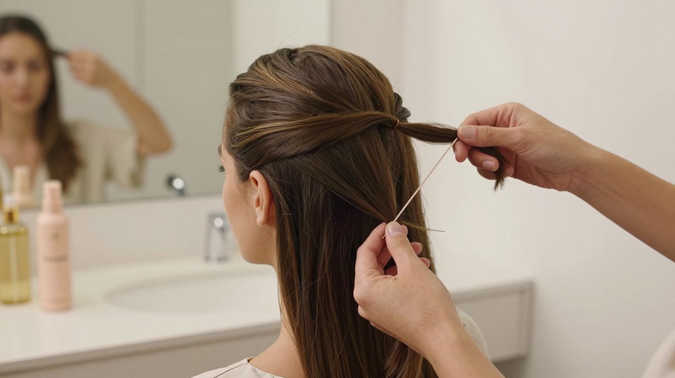 Mulher a ser penteada, com cabelo castanho preso por mãos no salão, refletida no espelho, produtos no balcão.