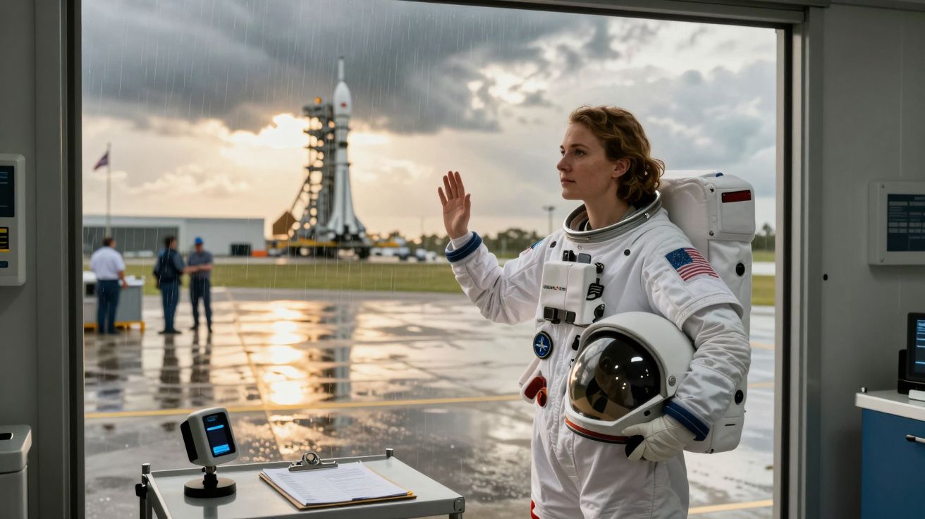 Astronauta em fato espacial acena ao lado de uma janela com um foguetão na plataforma de lançamento ao fundo.