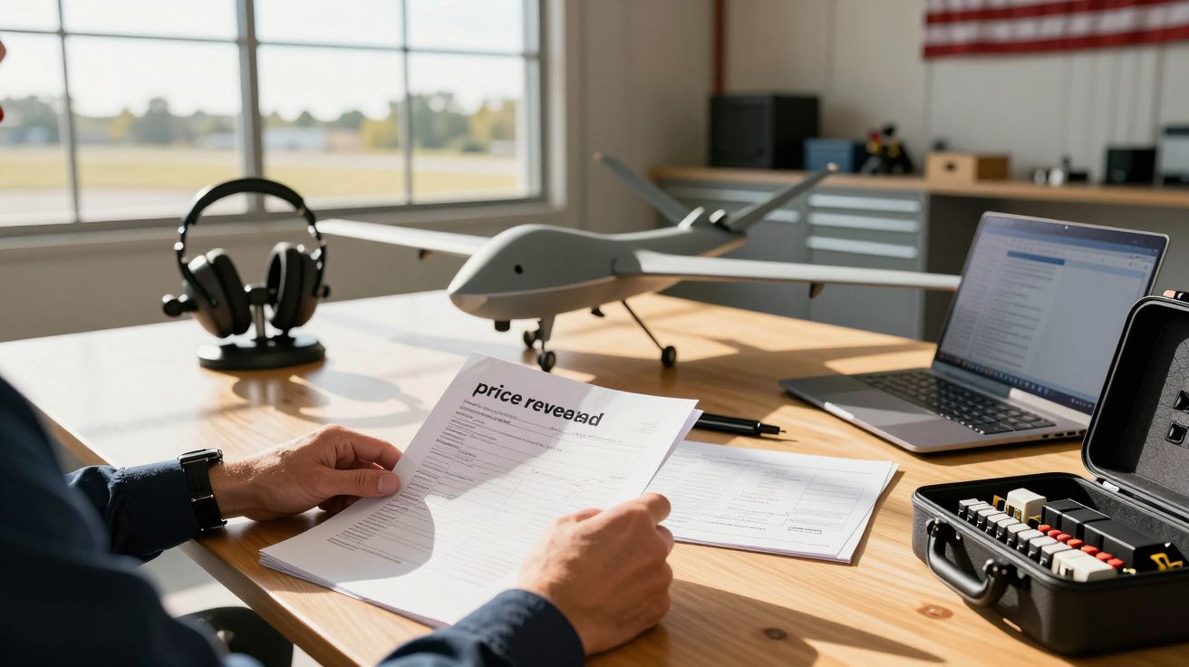 Homem segura documento num escritório com drone, portátil e auscultadores na mesa.