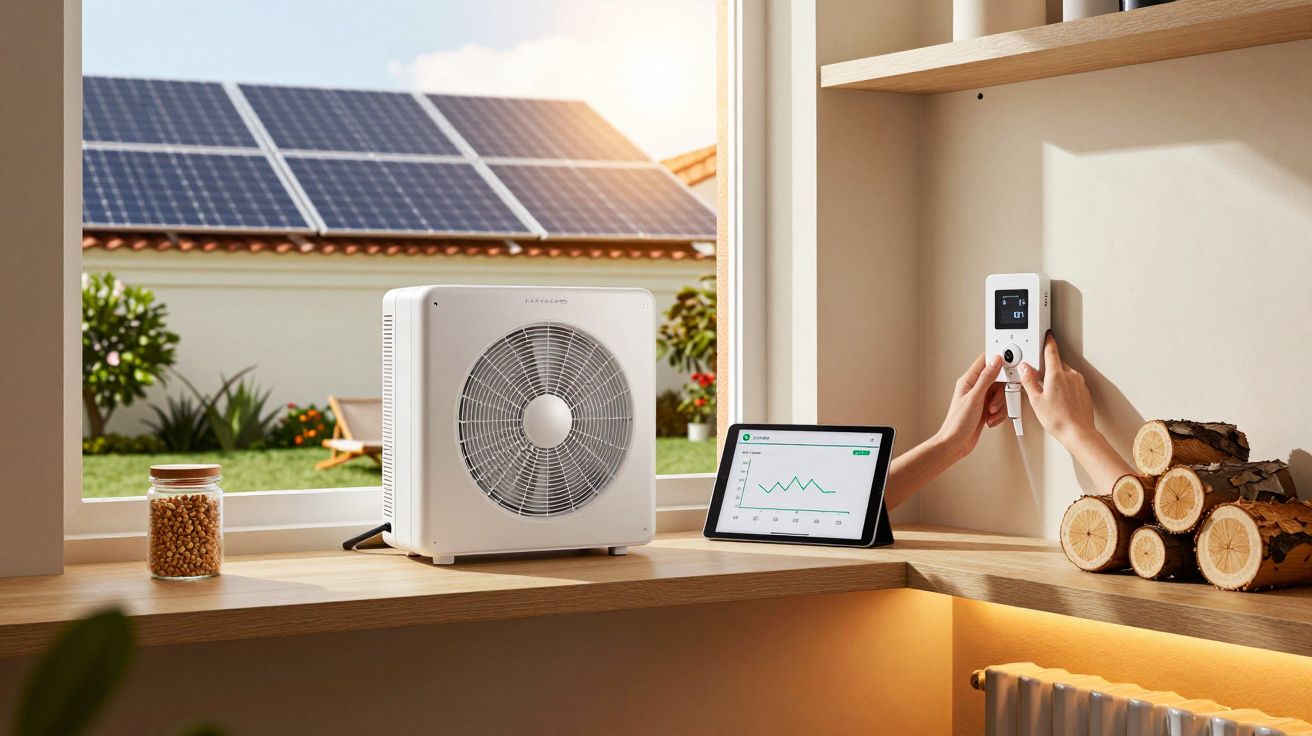 Painel solar no exterior. Interior com ventoinha, tablet com gráficos e pessoa ajustando termostato na parede.