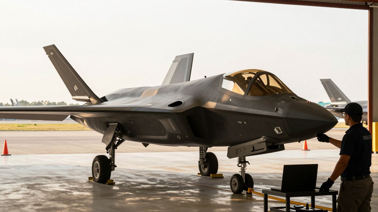 Avião de combate moderno em hangar com técnico ao lado, numa base aérea.