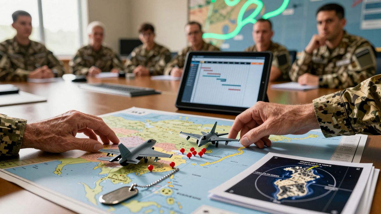 Militares em uniforme analisam mapas com miniaturas de aviões numa mesa de conferência.