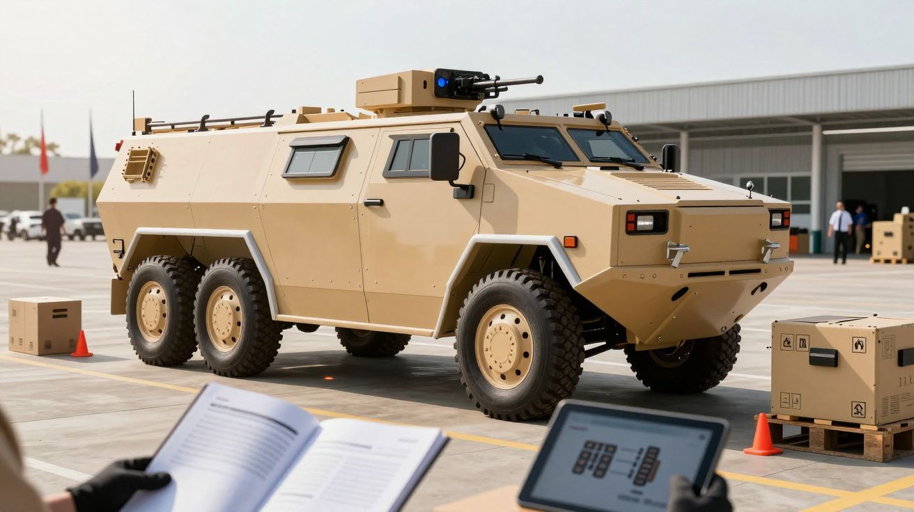 Veículo militar blindado de seis rodas estacionado ao lado de caixas, com pessoas observando e anotando informações.