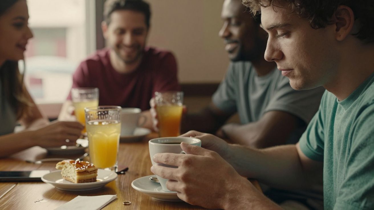 Grupo de amigos numa mesa de café, com bebidas e sobremesas, conversando animadamente.