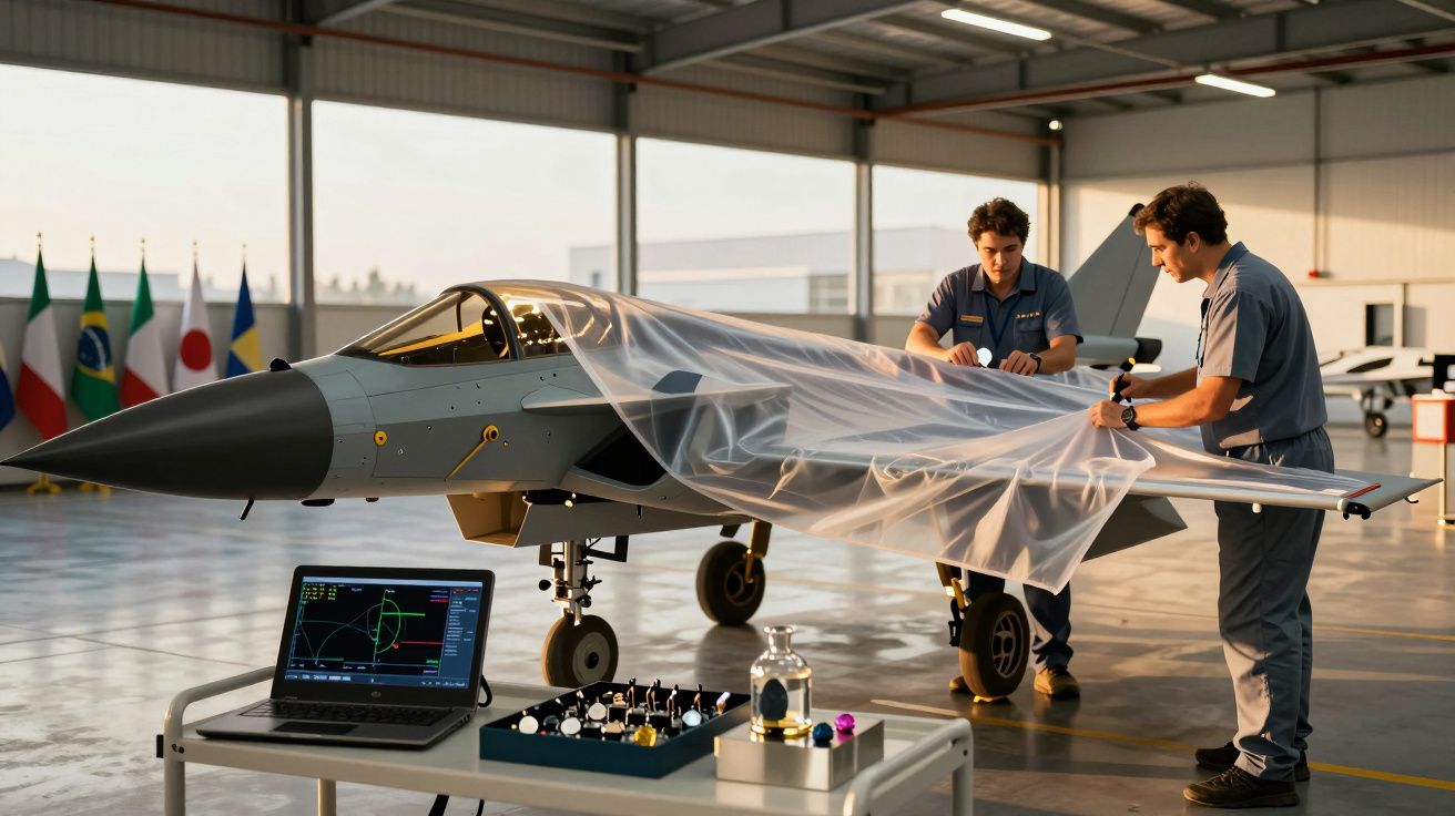 Dois homens trabalham em miniatura de avião de caça em hangar. Computador e bandeiras ao fundo.