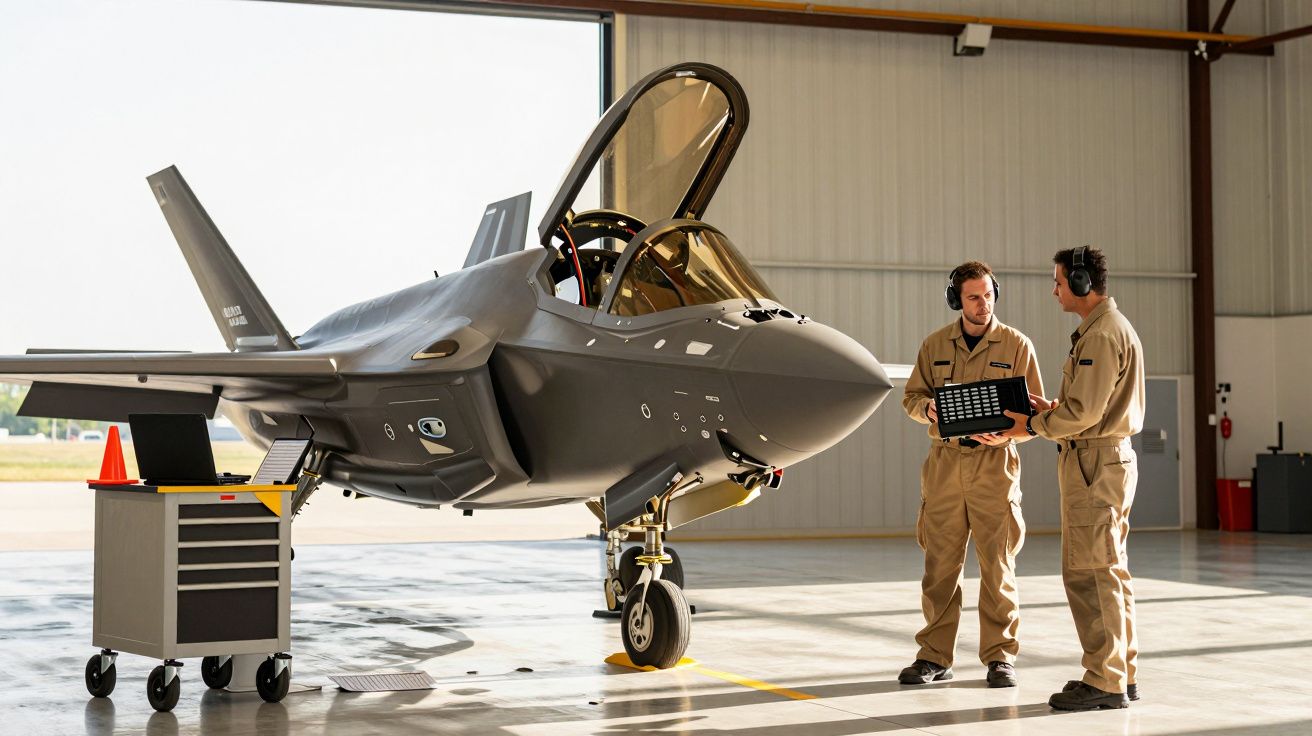 Dois técnicos verificam um jato F-35 em hangar, um segura dispositivo eletrônico.