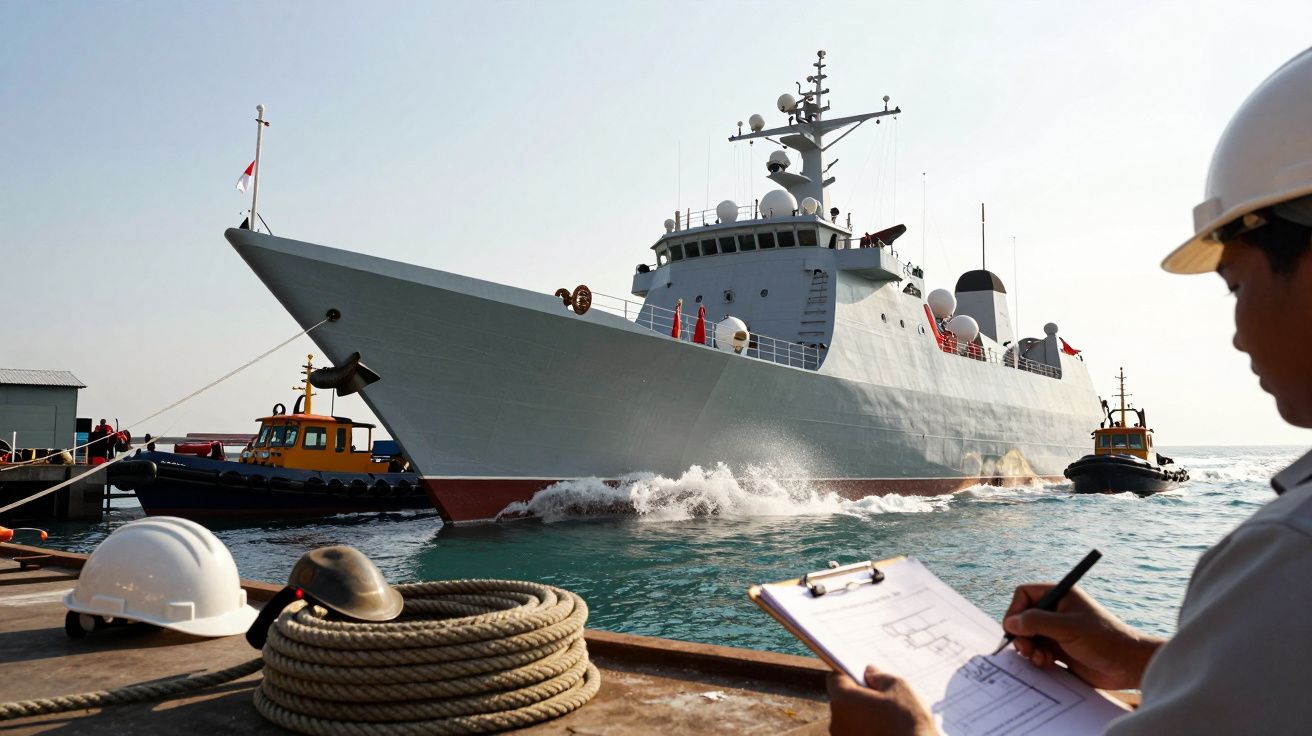 Navio de guerra cinza no porto, rebocado por barcos, com pessoa a anotar num bloco no primeiro plano.