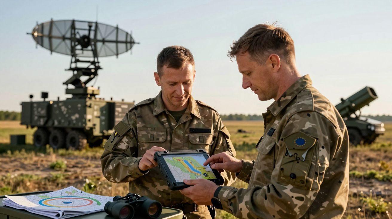 Dois militares analisam mapa digital em tablet, com radar e equipamentos ao fundo, em campo aberto.