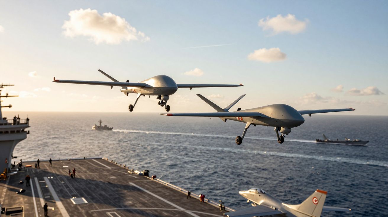 Dois drones voam sobre um porta-aviões no oceano ao pôr do sol, com navios ao fundo.