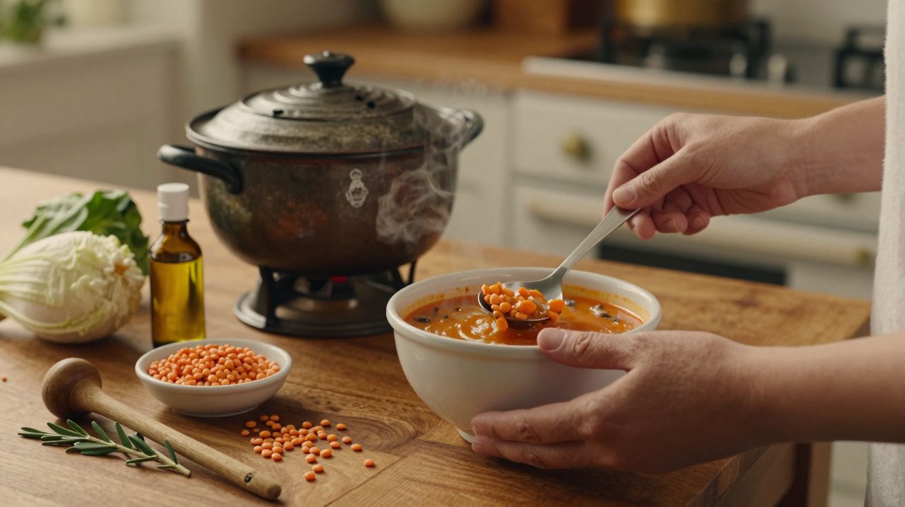 Pessoa a segurar uma taça de sopa quente de lentilhas vermelhas numa cozinha, com panela no fundo.