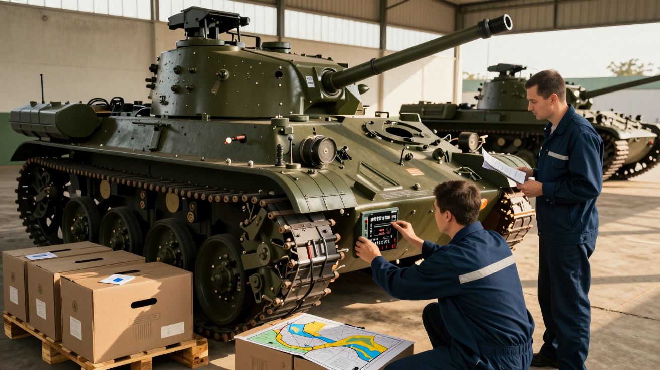 Técnicos inspecionam tanque militar verde num armazém com caixas ao lado e mapa no chão.