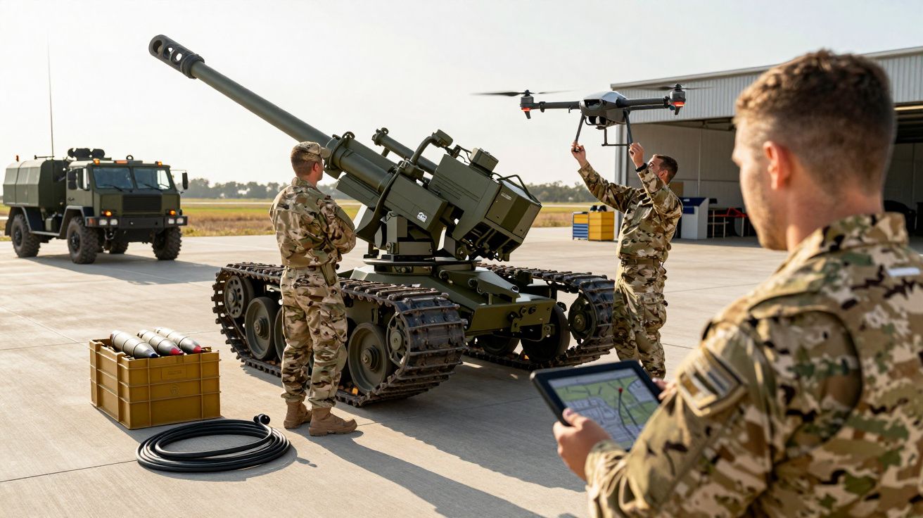Soldados em uniforme camuflado operam um drone e sistema de artilharia sobre rodas numa base militar ao ar livre.