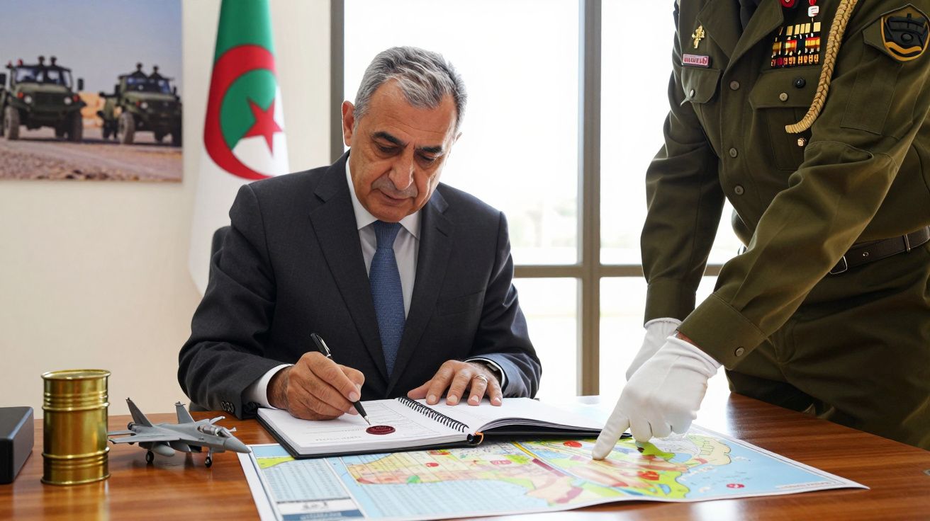 Homem assina documento em mesa com mapa; bandeira argelina e miniatura de avião ao fundo.