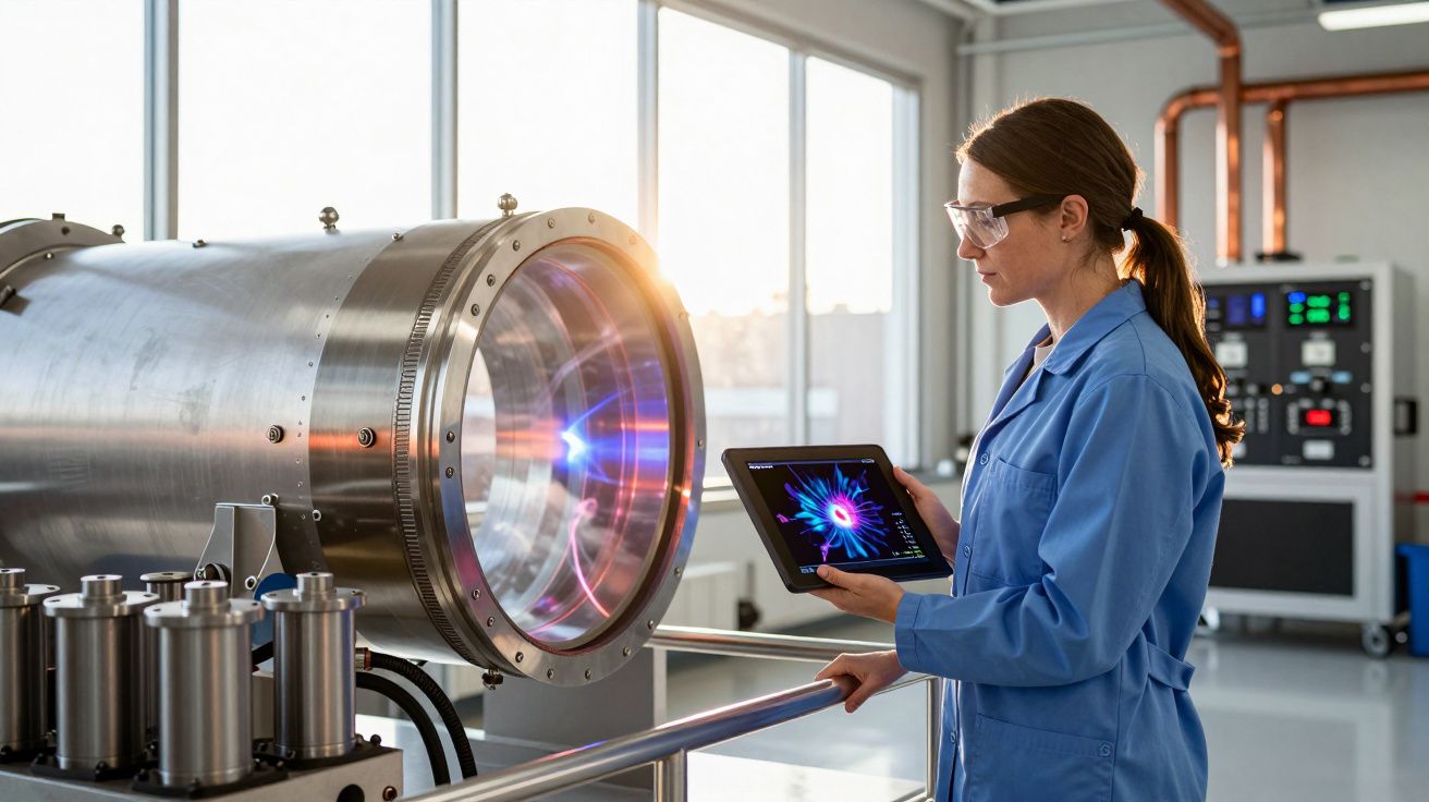 Cientista numa sala de laboratório observa máquina com luz azul brilhante, segurando um tablet.