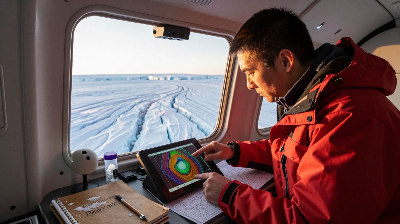 Pesquisador analisa dados num tablet dentro de um avião sobrevoando geleiras, usando casaco vermelho.