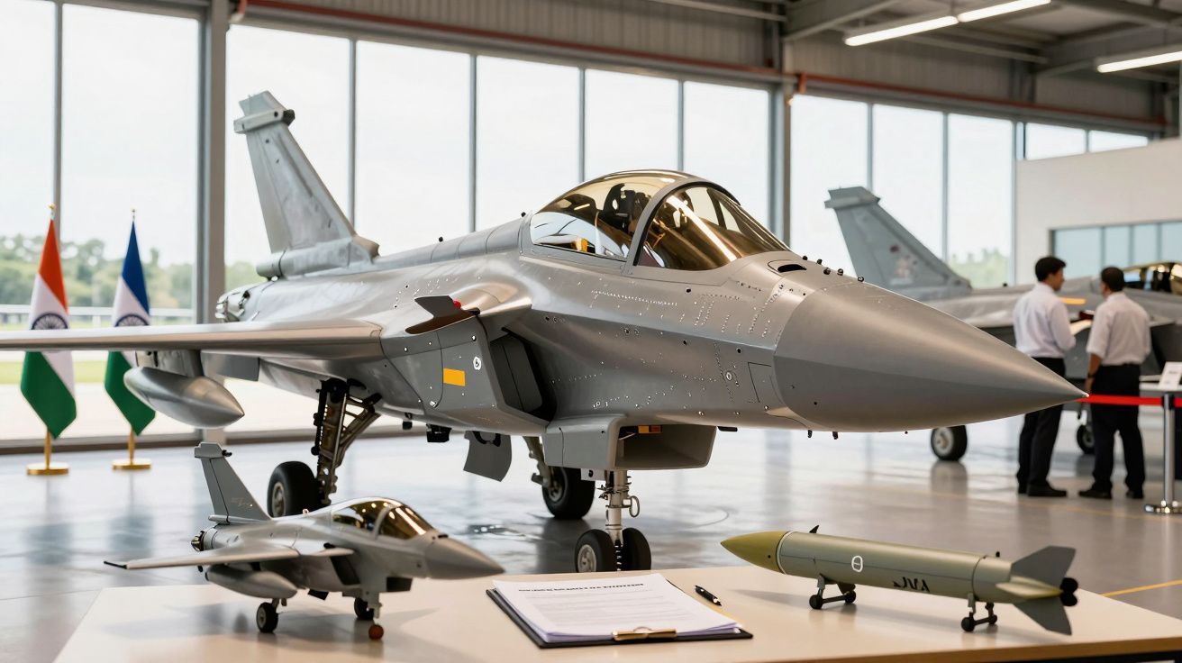 Caça cinzento Tejas em exposição, com modelos em miniatura e bandeiras da Índia ao fundo.