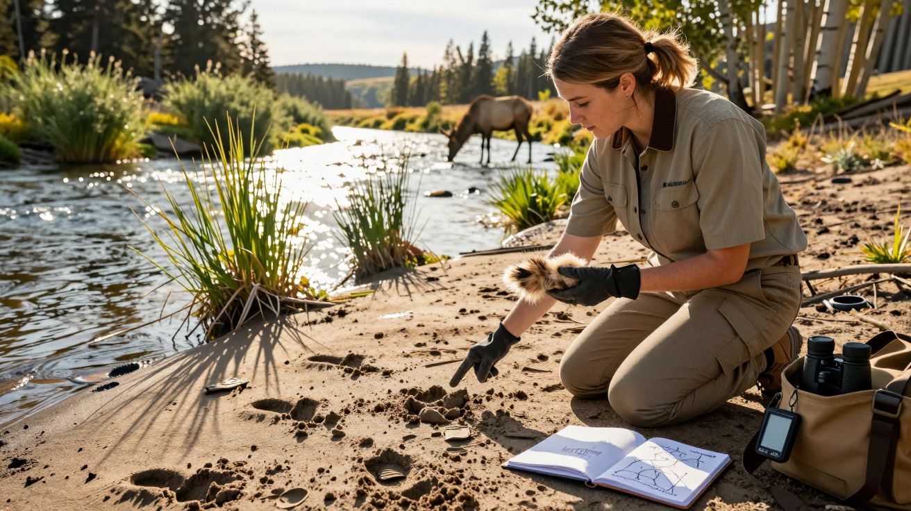Mulher analisa pegadas junto a rio enquanto alce caminha ao fundo. Cena de pesquisa na natureza com caderno aberto.