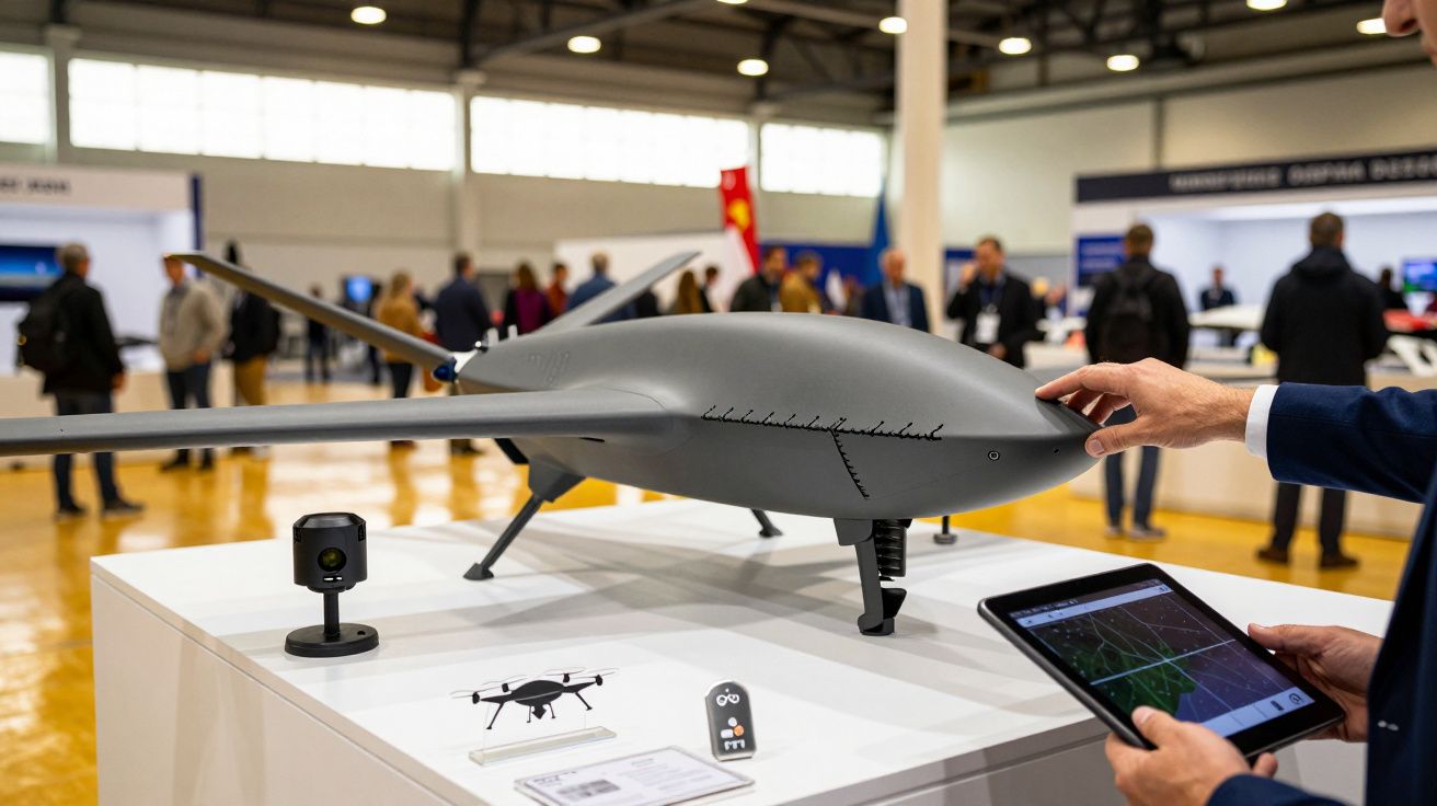 Drone cinzento exposto numa feira tecnológica. Mão com tablet à direita, pessoas ao fundo.