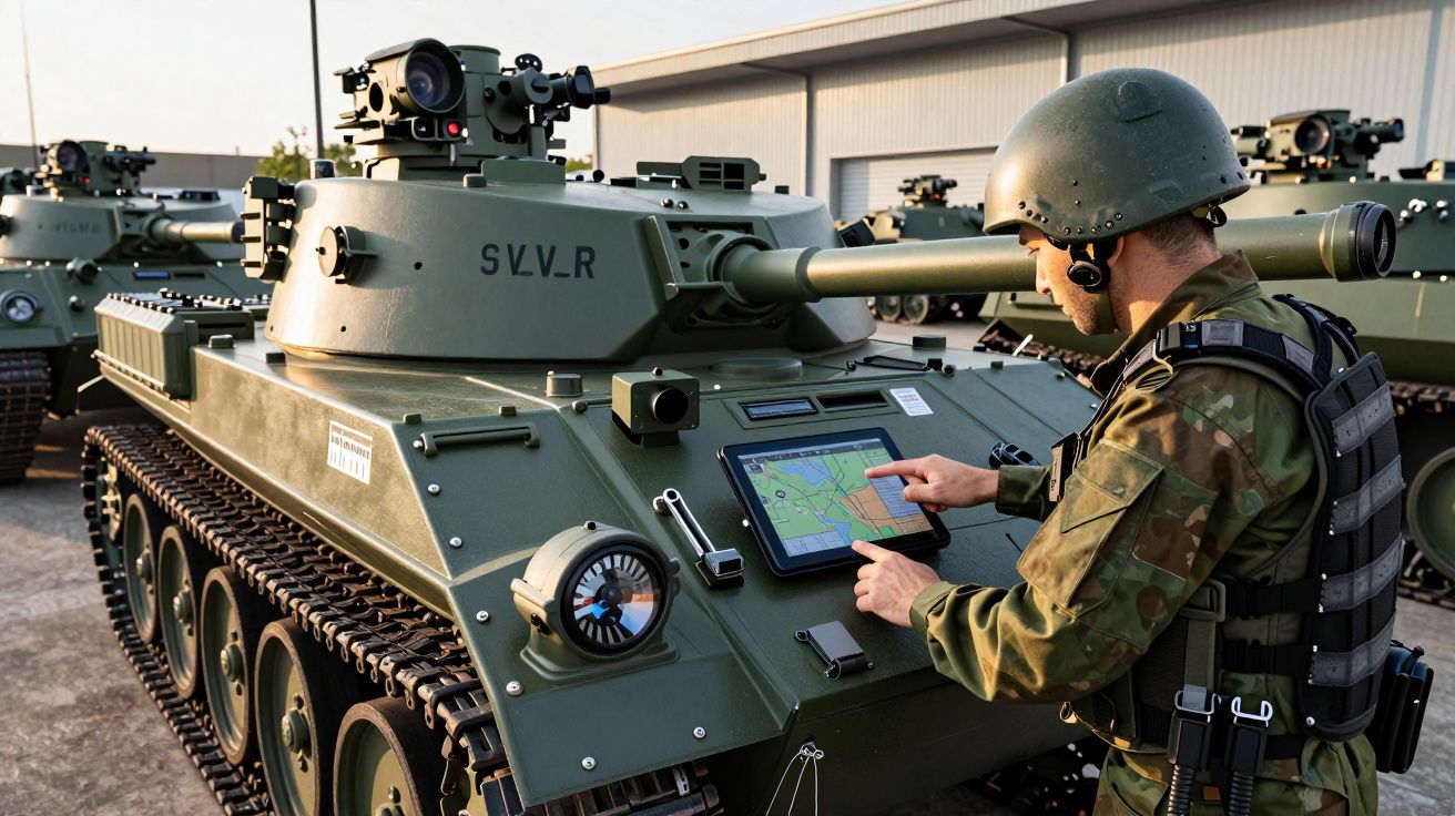 Soldado usa tablet num veículo militar blindado, equipado com canhão, em base ao ar livre.