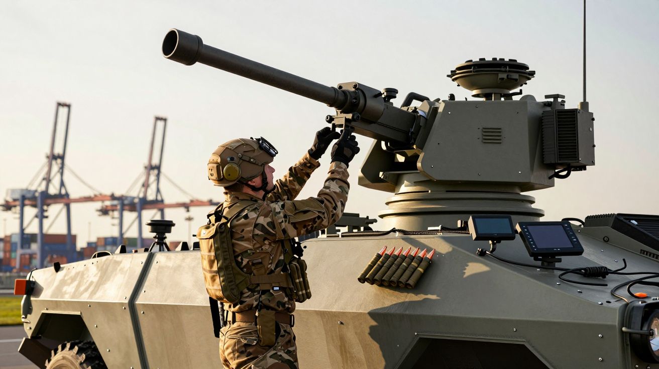 Soldado em uniforme camuflado ajusta a torre de um veículo militar blindado ao lado de um porto com gruas ao fundo.