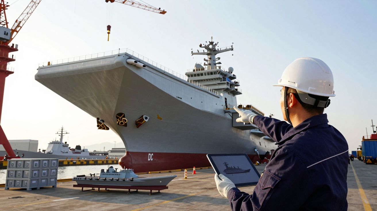 Homem com capacete observa porta-aviões gigante num estaleiro, usando tablet para análise, com maquete do navio à frente.