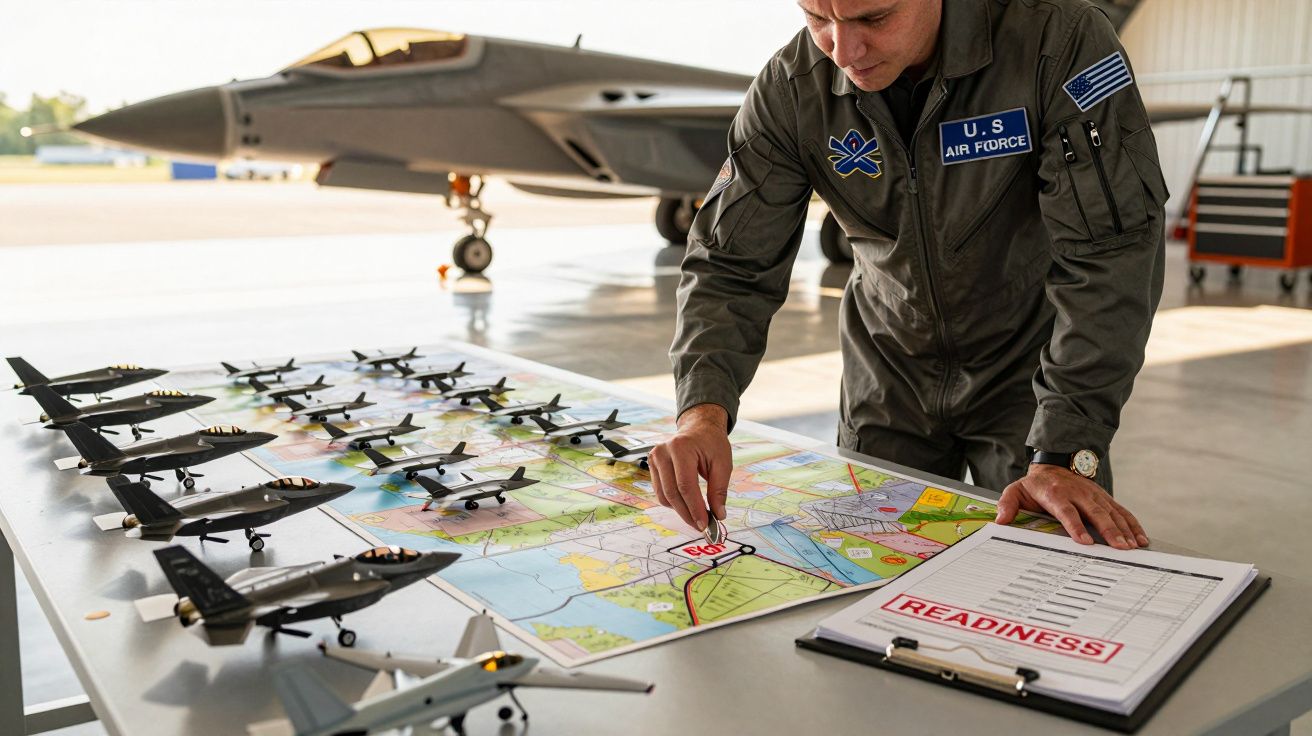 Militar da força aérea planeia missão usando mapa e modelos de aviões em hangar com caça ao fundo.