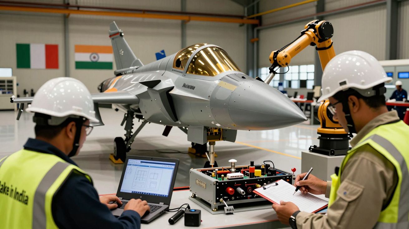 Pessoas trabalhando em estação de teste ao lado de um avião de caça em uma fábrica, com bandeiras da Itália e Índia ao fundo.